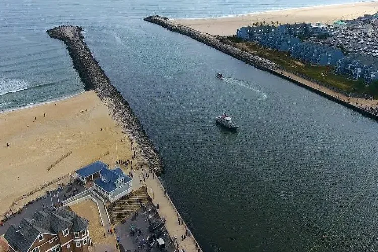 Aerial view of a picturesque bay inlet along the Jersey Shore.
