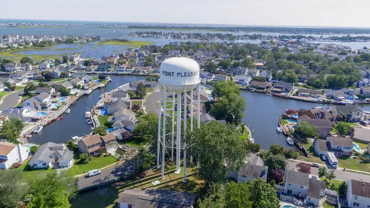 Aerial photo of the Point Pleasant water tower, standing tall as a prominent landmark in the town.