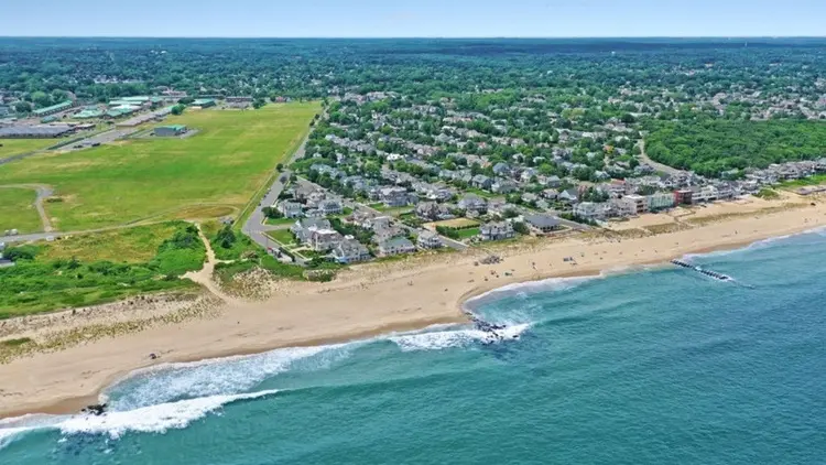 Aerial photo of Sea Girt Estates, highlighting the beach and elegant beachside homes along the coastline.